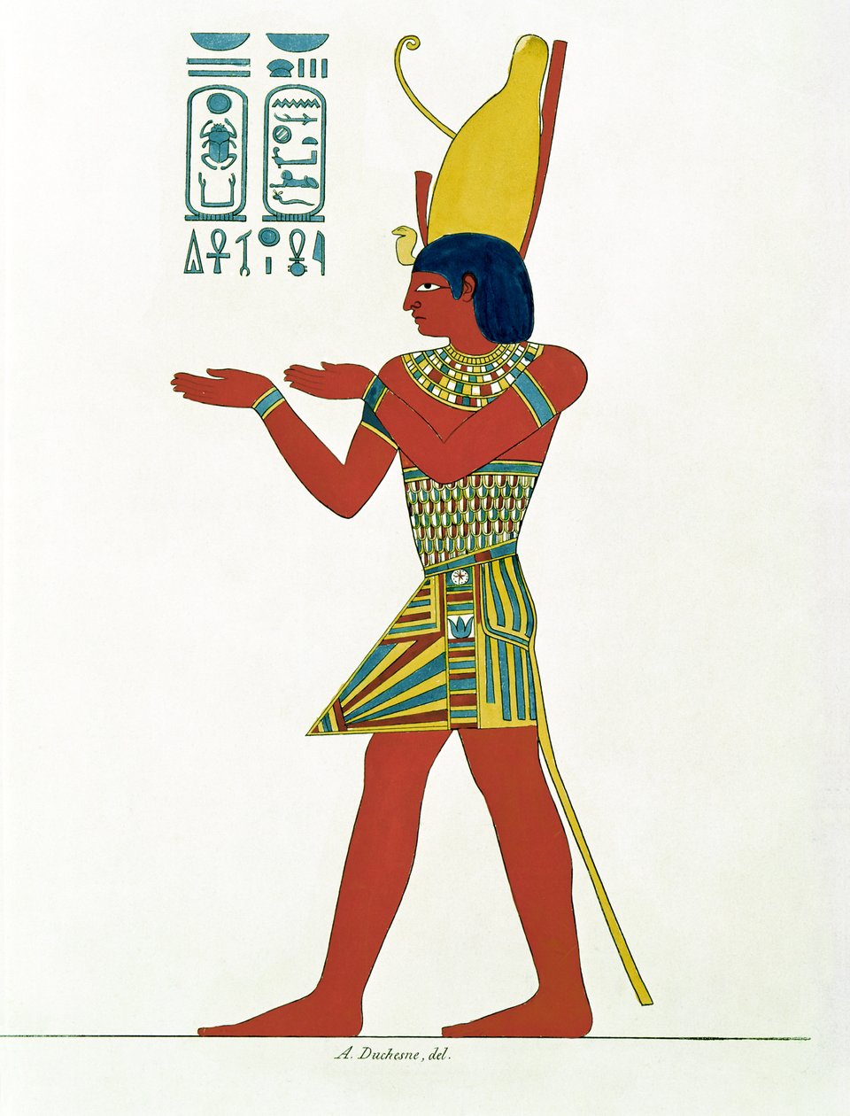 Nectanebo I (380-362 eKr.) Ylä- ja Ala-Egyptin kaksoiskruunussa, Jean-Francois Champollionin (1790-1832) Monument de lEgypte et de la Nubiesta tekijältä A. Duchesne