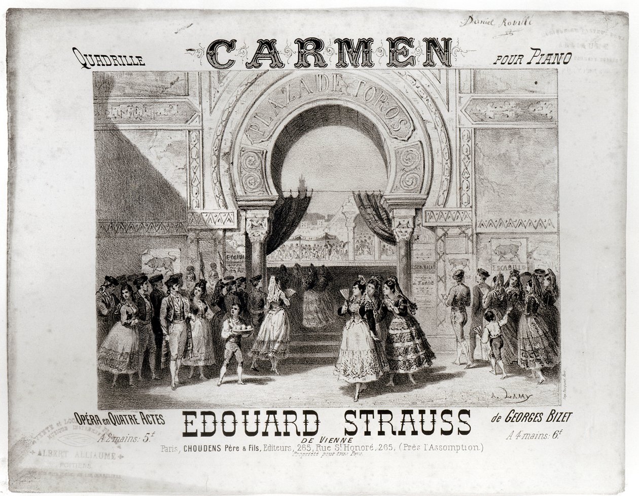 Edouard Straussin (1835-1916) oopperan "Carmen" pianokvadrillin partituurin kansi, joka on peräisin Georges Bizet