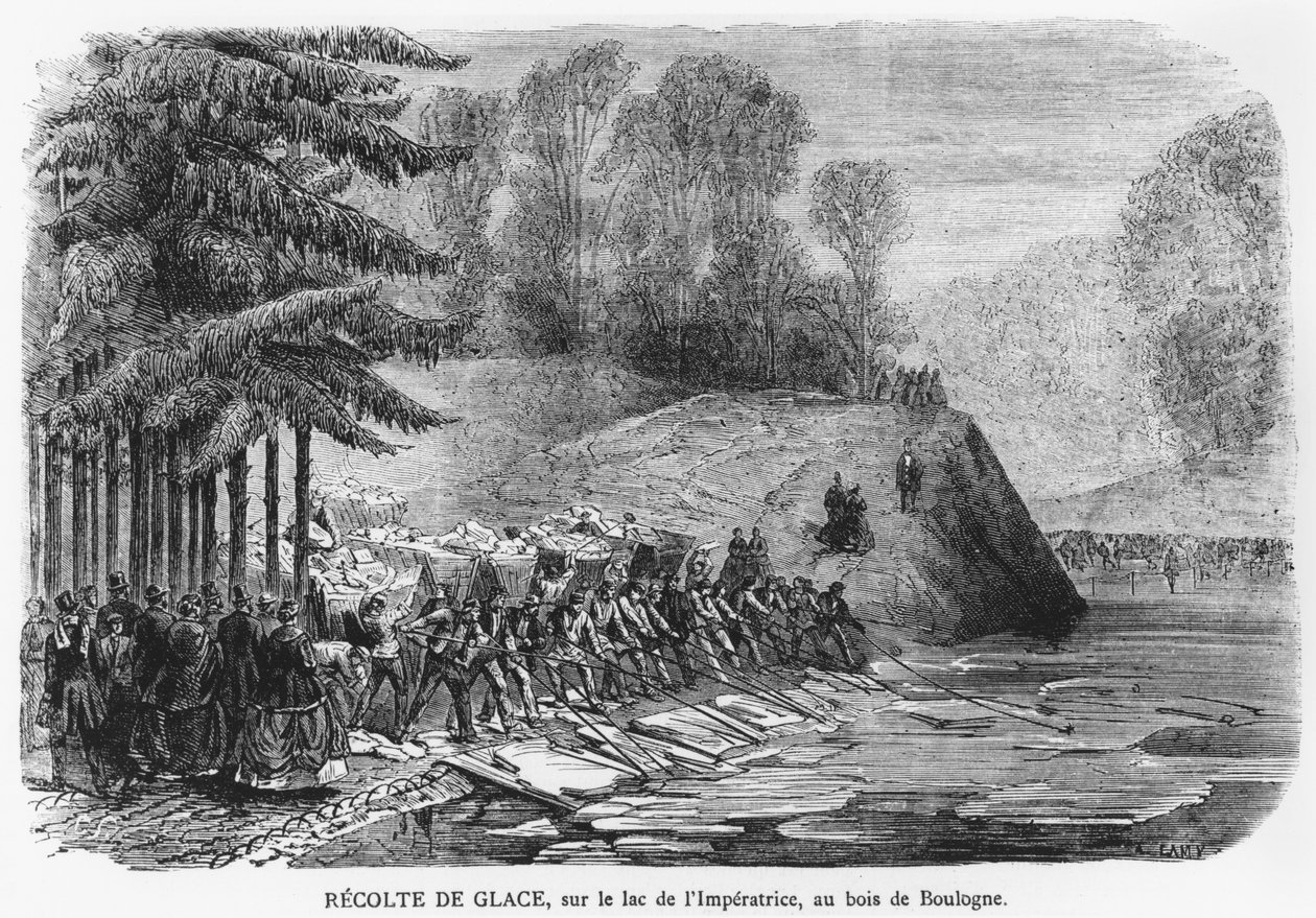 Jääsato keisarinnajärvellä Bois de Boulognessa Pariisissa, kuva Le Journal Illustresta, 13. helmikuuta 1870 tekijältä A. Lamy