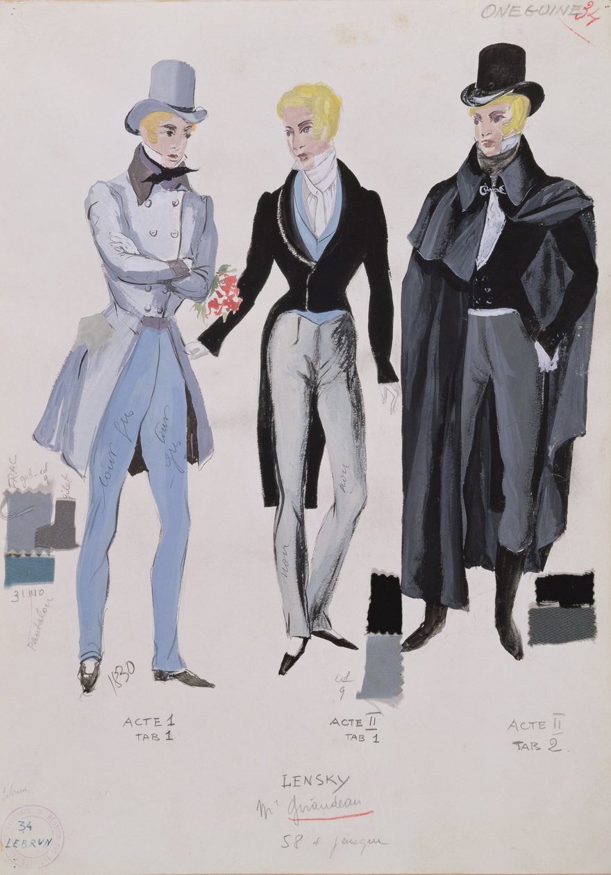 Lensky, puvut oopperan Eugene Onegin näytöksestä I, II ja III, 1830 tekijältä A. Lebrun