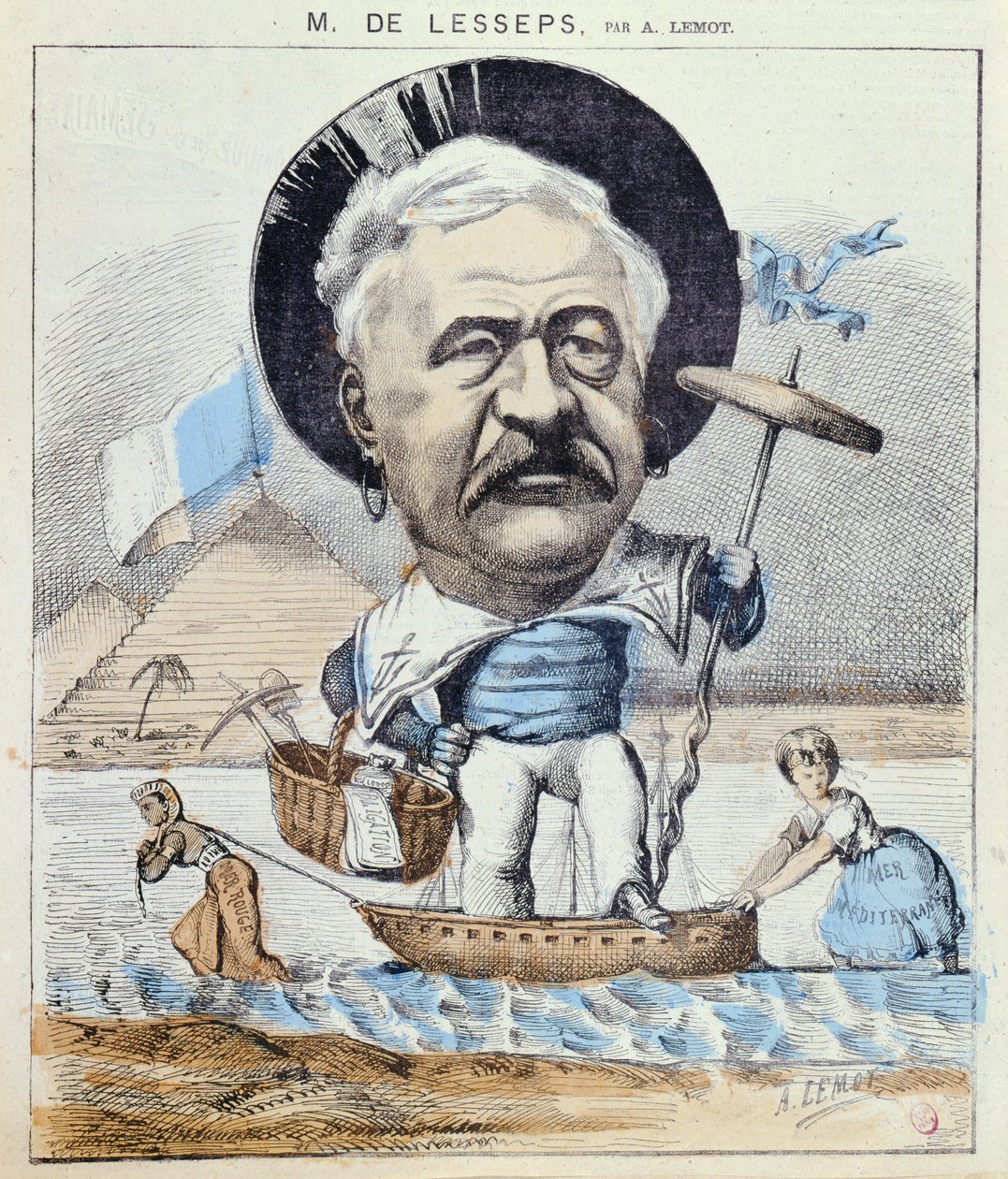 Karikatyyri Ferdinand de Lessepsistä, Le Monde Pour Rire, 1868 tekijältä A Lemot