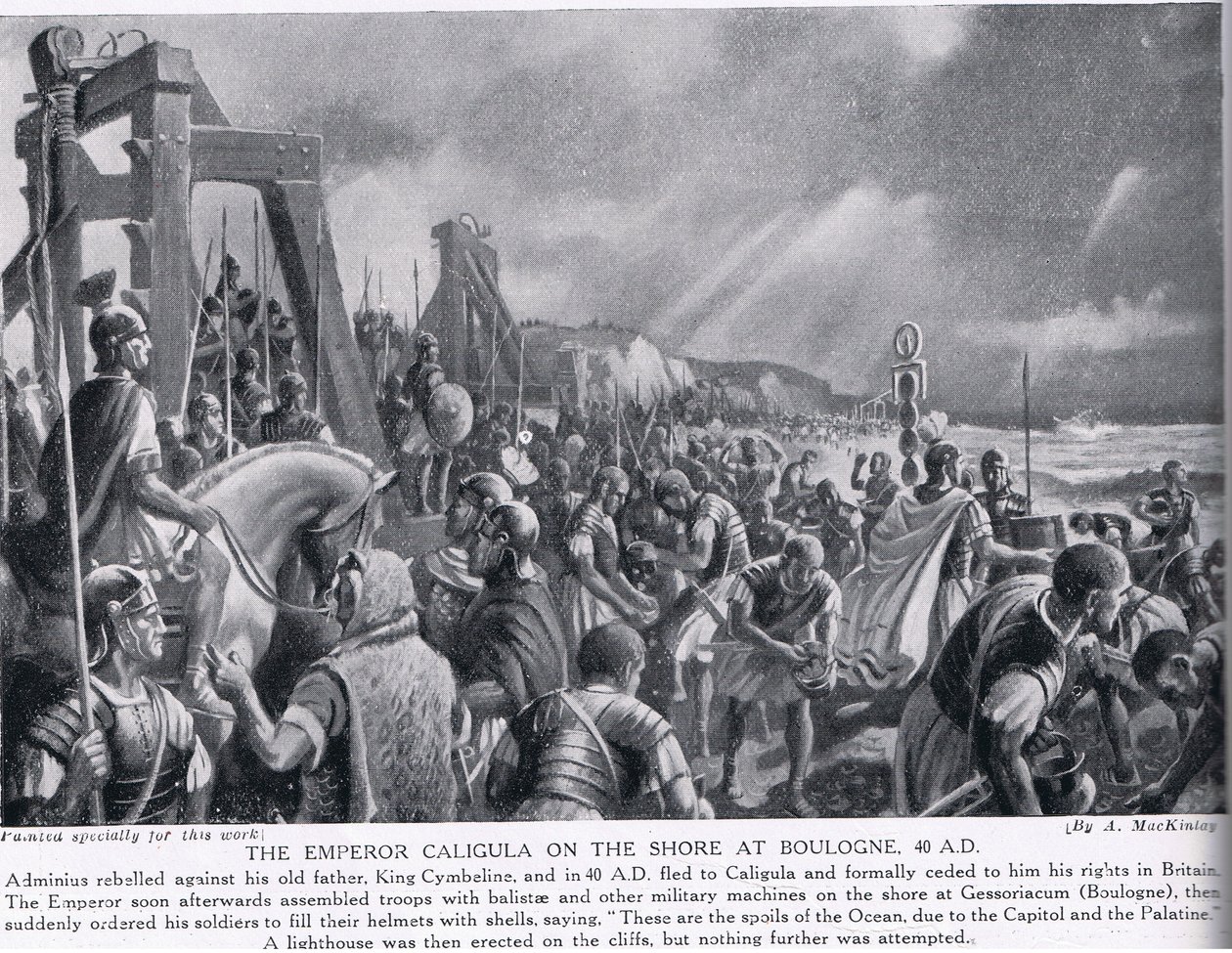 Keisari Caligula Boulognen rannalla, kuva Hutchinsonin kansakuntien historiasta, n. 1910 tekijältä A. MacKinlay
