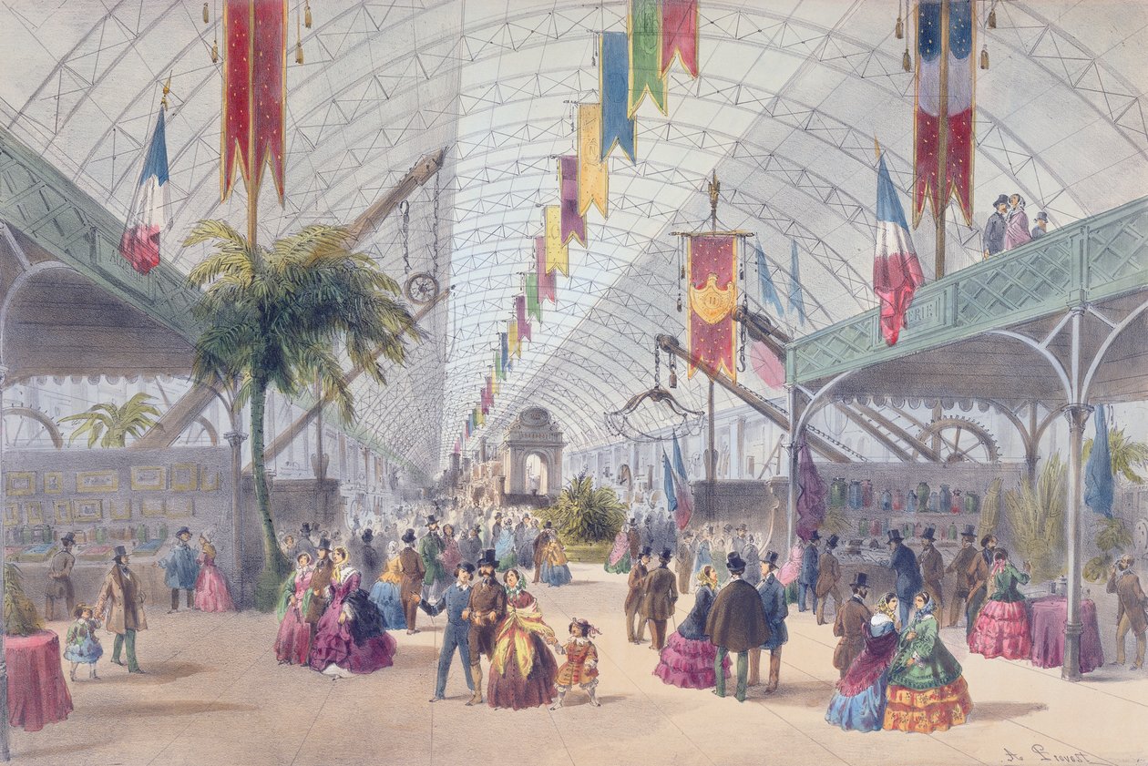 Sisäkuva Galerie des Machinesista ja vuoden 1855 Pariisin messujen Algeriasta tekijältä A Provost
