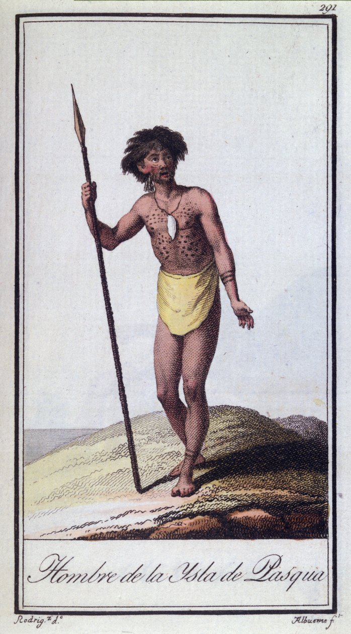 Mies pääsiäissaarelta, kaiverrus Albuerne, 1799 värillinen kaiverrus tekijältä A. Rodriguez