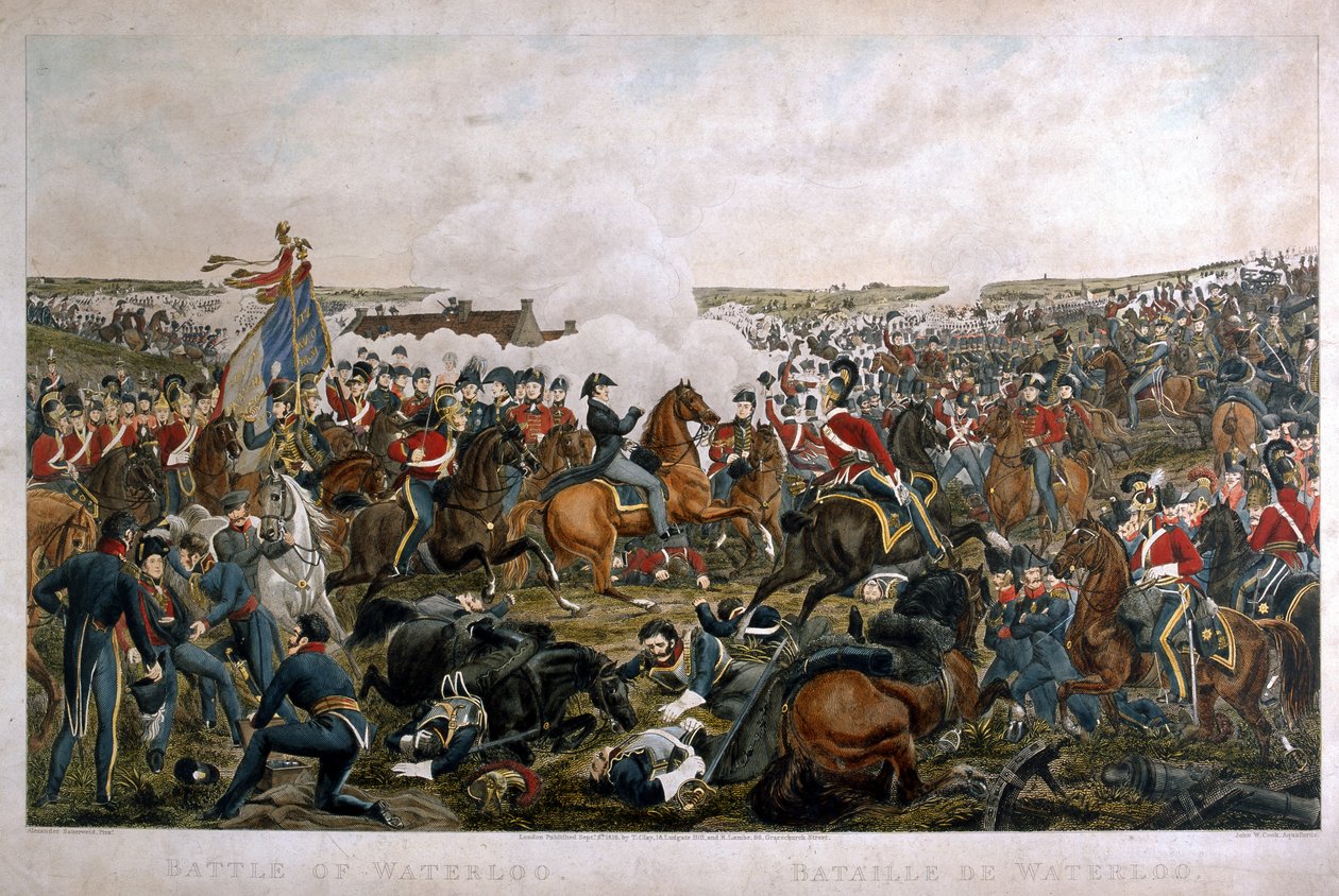 Waterloon taistelu, 1815, kaiverrettu J.A. Cookin toimesta, 1816 (värillinen akvatintta). tekijältä A. Sauerweld