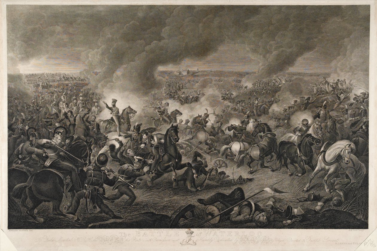 Ajanjakso on lähellä päivän loppua... , Waterloon taistelu, 18. kesäkuuta 1815, kaiverrus H. R. Cook, julkaisijat T. Clay ja R. Lambe, kesäkuu 1819 kaiverrus tekijältä A. Sauerweld