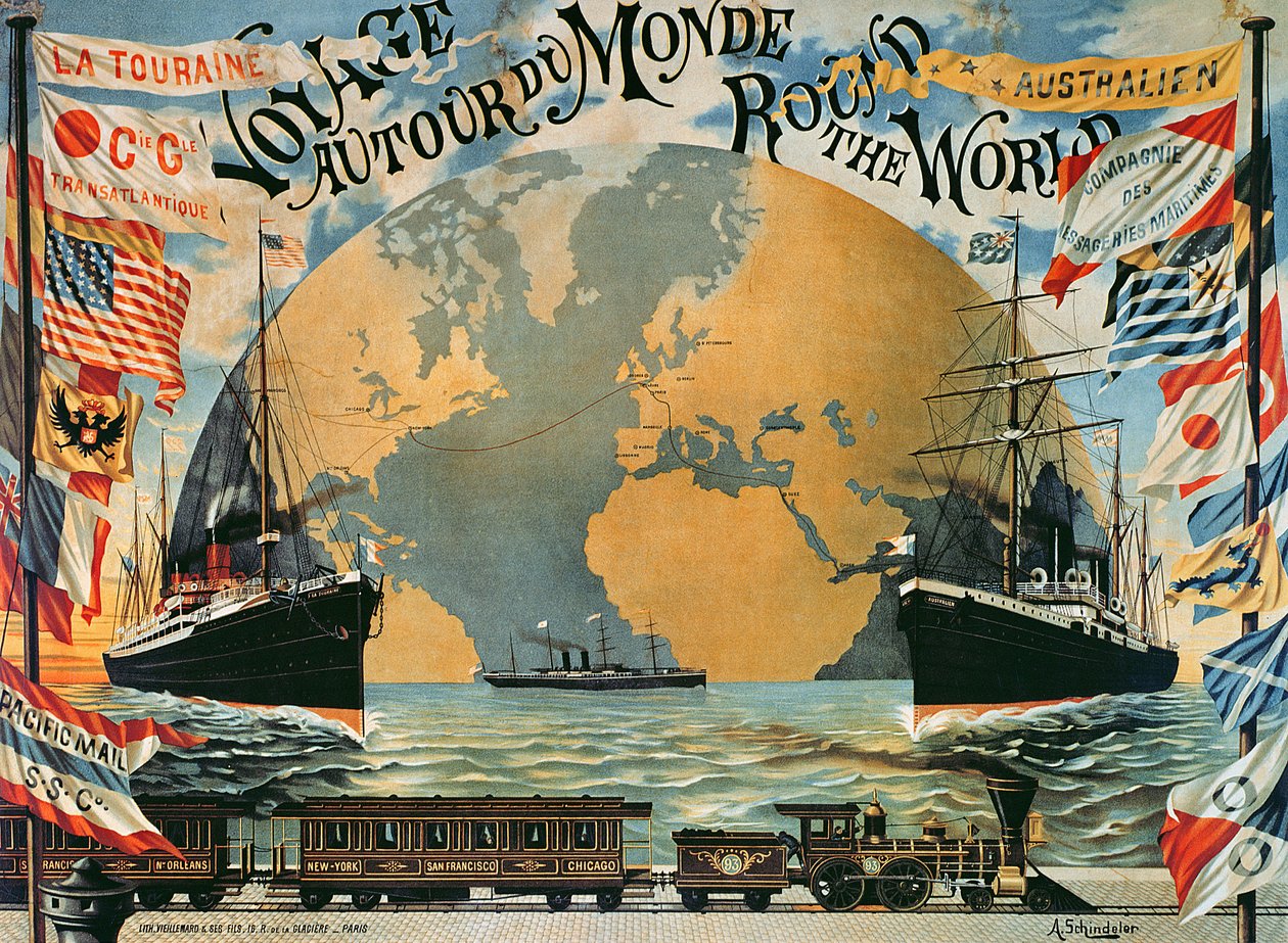"Voyage Around the World", juliste "Compagnie Generale Transatlantiquelle", 1800-luvun loppu tekijältä A. Schindler