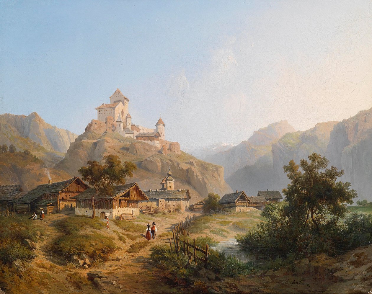 Ansicht von Dorf und Schloss Tarasp im Unterengadin im Kanton Graubünden tekijältä A. de Fontenay