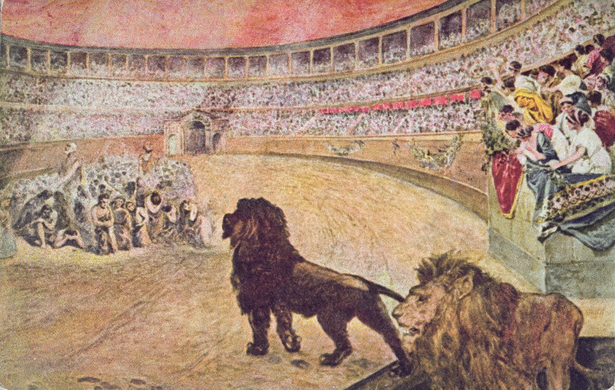 Postikortti, joka kuvaa kristittyjä marttyyreja areenalla Roomassa, noin 1910. tekijältä A. del Senno