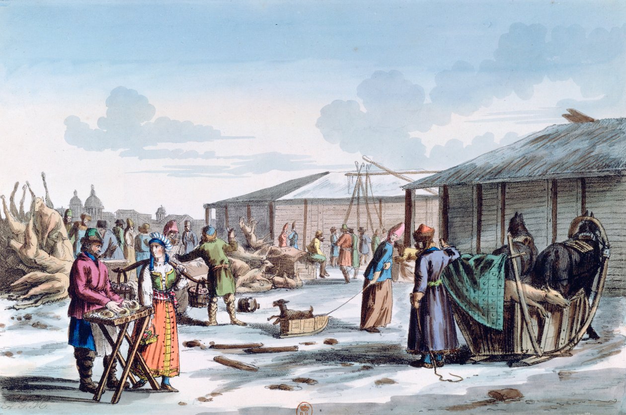 Lihamarkkinat talvella, Venäjä, 1821 tekijältä AC Houbigaot