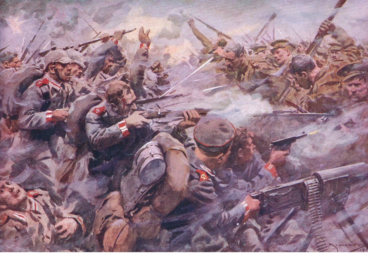 Preussilaisen kaartin tappio Zonnebekessä, julkaisusta History of the Great War Vol 3, julkaisija Waverley Book Co Limited, n. 1920 tekijältä A.C. Michael