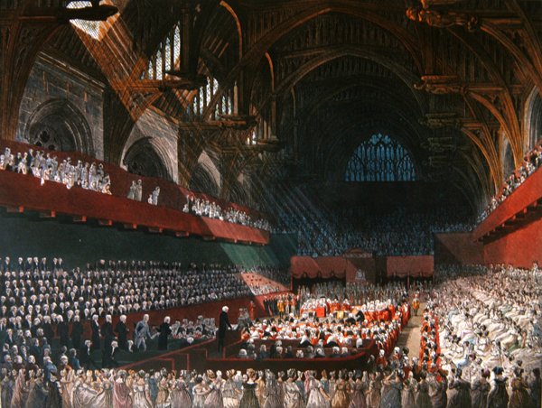 Lord Melvillen oikeudenkäynti Westminster Hallissa huhtikuussa 1806 tekijältä A.C. and Nattes J.C. (after) Pugin