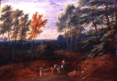 Metsäinen maisema, jossa on matkustajia heinäkärryissä (öljy paneelille) tekijältä A.F. and Bouts P. Boudewyns