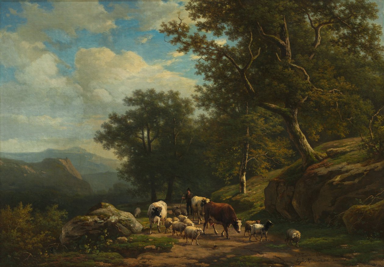 Maisema, jossa on talonpoika ja hänen laumansa, noin 1850-59 (öljy kankaalle). tekijältä A.J. Daiwaille