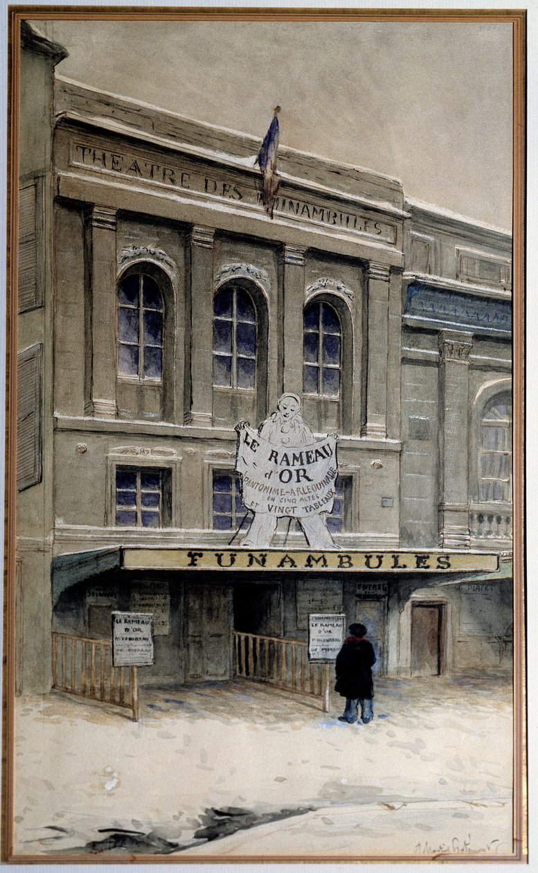 Näkymä Theater des Funambulesista Boulevard du Crime -kadulla (boulevard du Temple Pariisissa). Adolphen (1828-1883) akvarelli Pariisi. Carnavalet-museo tekijältä A.P. Martial
