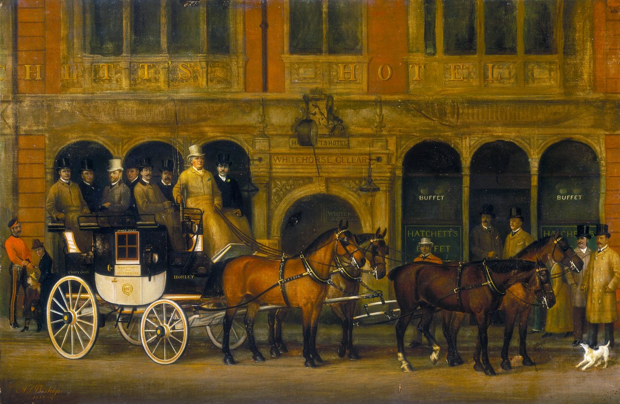 "James Selbyn Brighton Coach New White Horse Cellarin ulkopuolella, Piccadilly, 1888. tekijältä AS Bishop