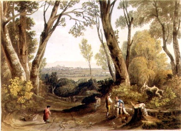 Hereford, Dynedor Hillistä, kaiverrus Theodore H. A. Fielding (1781-1851), pub. elokuvassa "Picturesque Views of the River Wye" tekijältä A.V. Copley (after) Fielding
