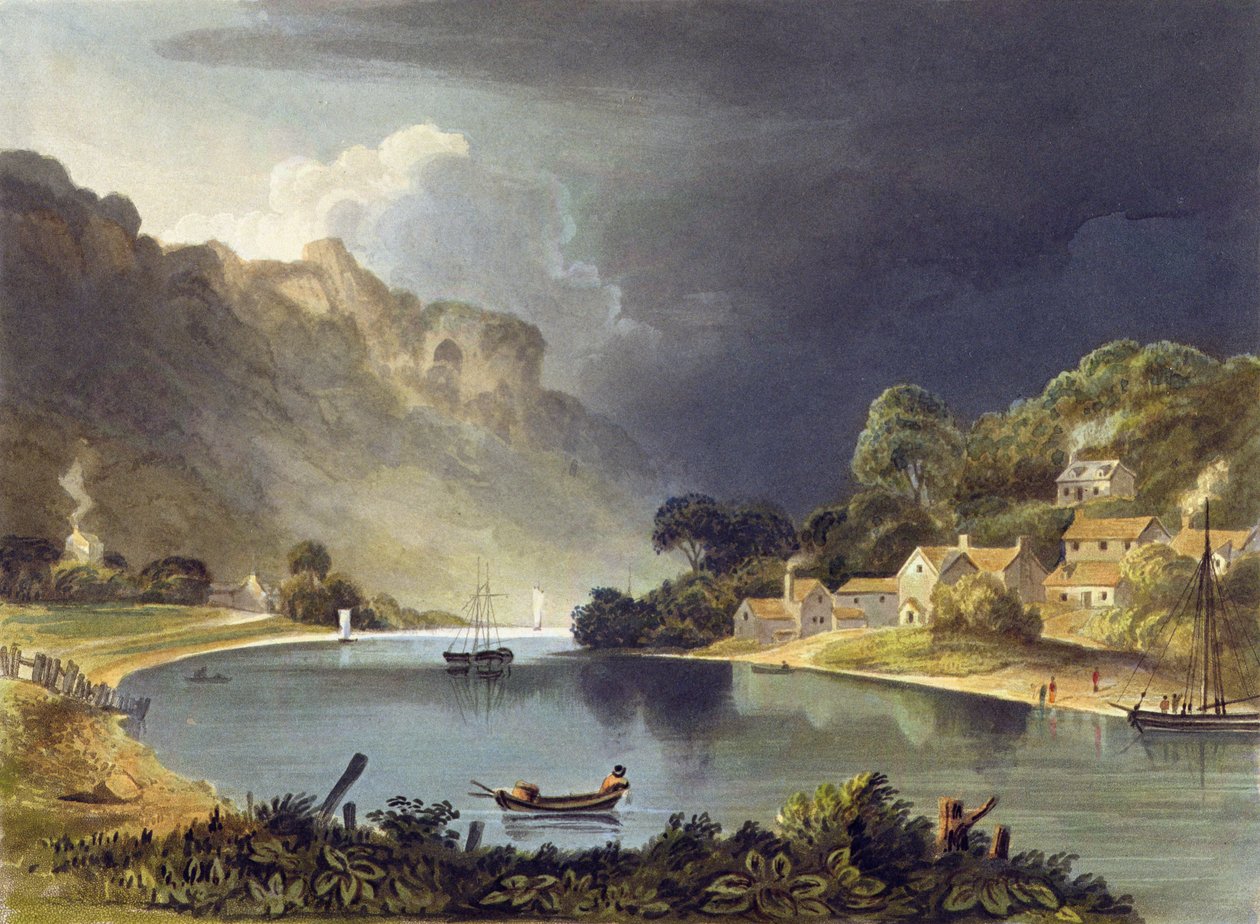 Näkymä alas jokea pitkin New Weirin kohdalla, levy 13 julkaisusta "Description of the River Wye", kaivertanut Theodore Henry Fielding (1781-1851), 1818 (käsinvärinen akvatinta) tekijältä A.V. Copley Fielding