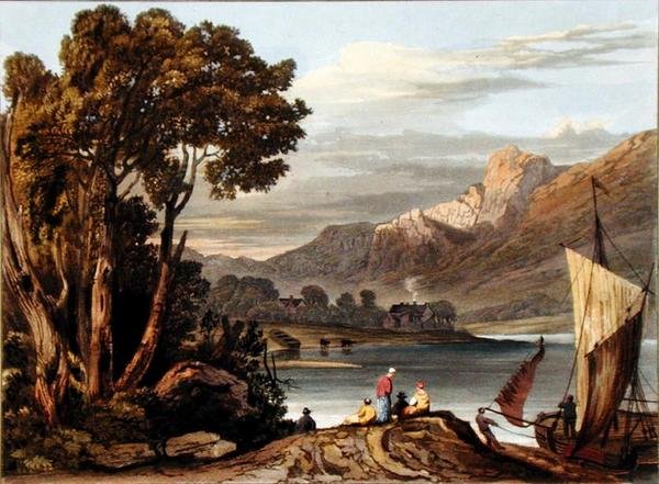 Uusi pado. Katse ylös joelle, levy 11 Wye-joen kuvauksesta, kaiverrettu Theodore Henry Fielding (1781-1851), 1818 (käsinvärinen akvatinta) tekijältä A.V. Copley after Fielding