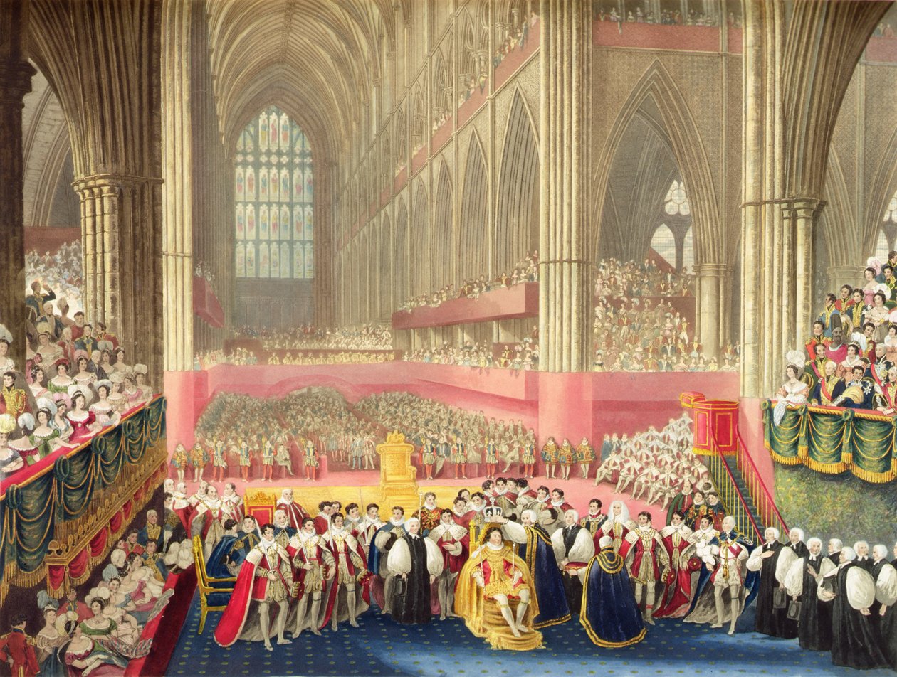 George IV:n kruunaus 19. heinäkuuta 1821 Westminster Abbeyssa (etsaus akvatintalla) tekijältä A.W. and Stephanoff J. (after) Pugin