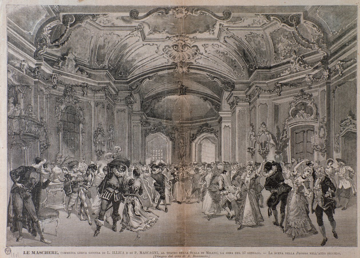 Kuvitukset Pietro Mascagnin oopperaan Le Maschere esitykseen teatro alla Scalassa Milanossa tekijältä A. (after) Bonamore