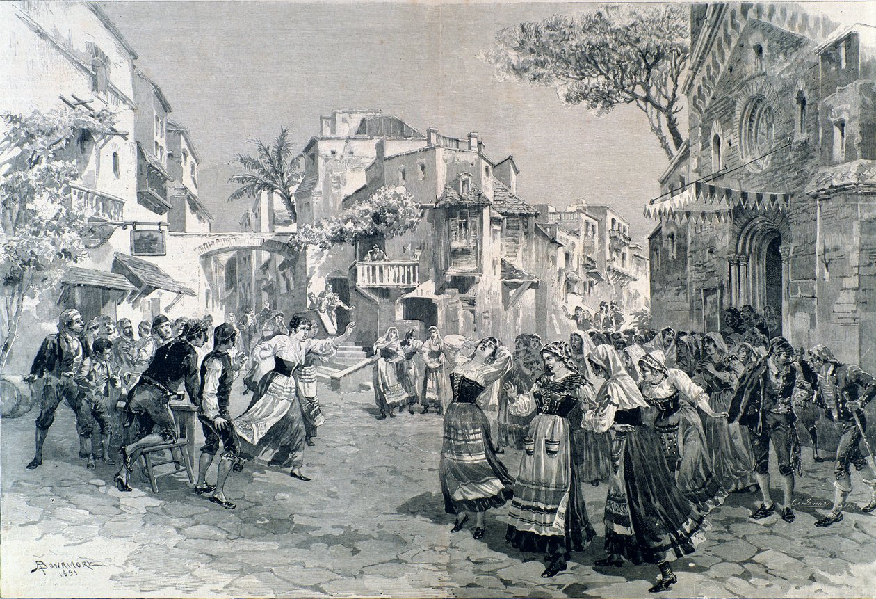 Mascagnin oopperan Cavalleria rusticanan viimeinen kohtaus Teatro alla Scalassa vuonna 1891 tekijältä A. (after) Bonamore