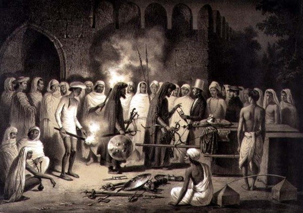 Osto aseita Delhistä, levy 34 Voyage in India -julkaisusta, kaiverrus Louis Henri de Rudder (1807-81) pub. Pariisissa tekijältä A. (after) Soltykoff