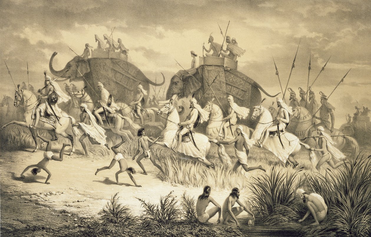 Cavalcade of Sikh Chieftains on Elephants, "Voyage in India", kaivertanut Louis Henri de Rudder (1807-81) pubi. Lontoossa tekijältä A. (after) Soltykoff