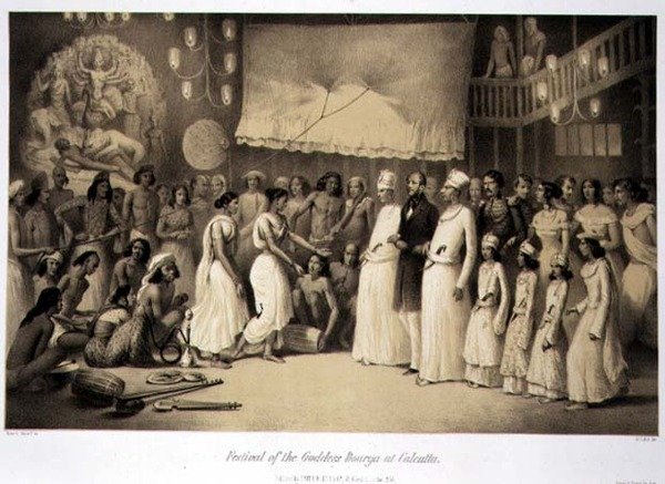 Goddess Dourgan festivaali Kalkutassa, "Voyage in India", kaivertanut Louis Henri de Rudder (1807-81) pubi. Lontoossa tekijältä A. (after) Soltykoff