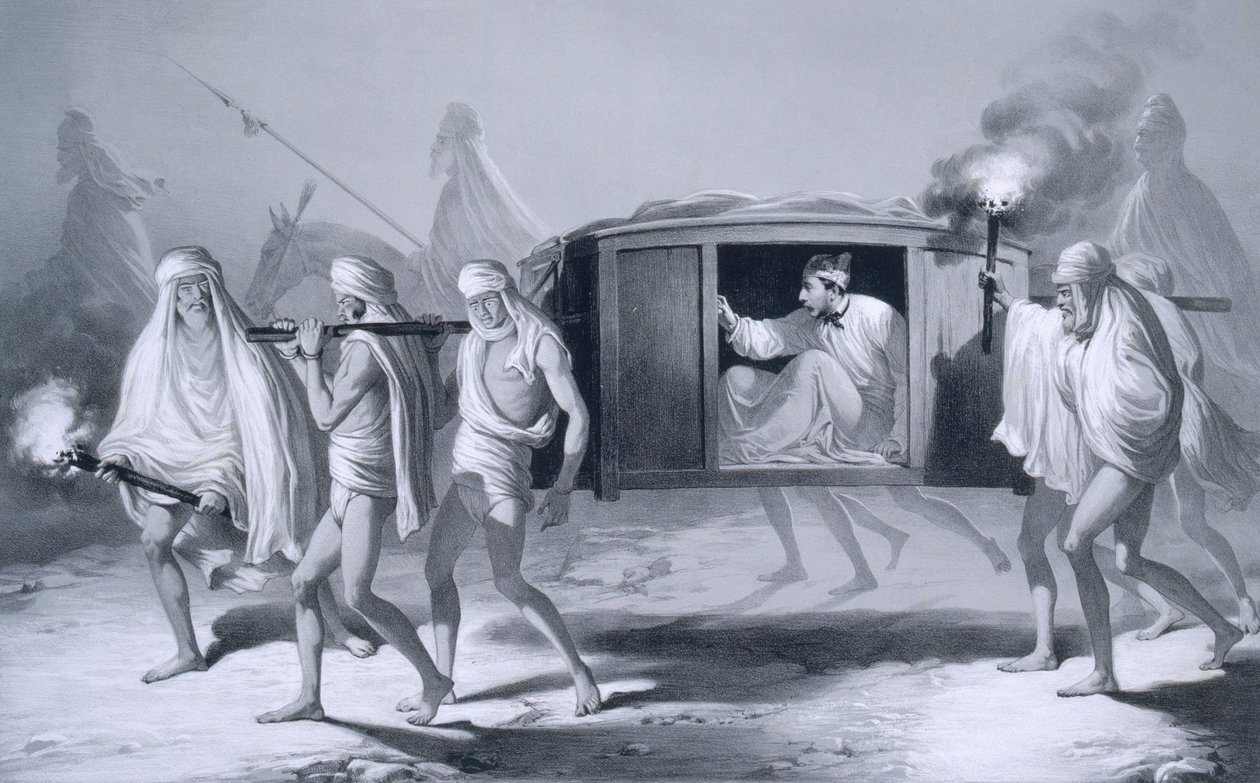 Intialaistyylinen post-chaise Punjabissa Ludhianan ja Amritsarin välissä, teoksesta Voyages in India tekijältä A. (after) Soltykoff