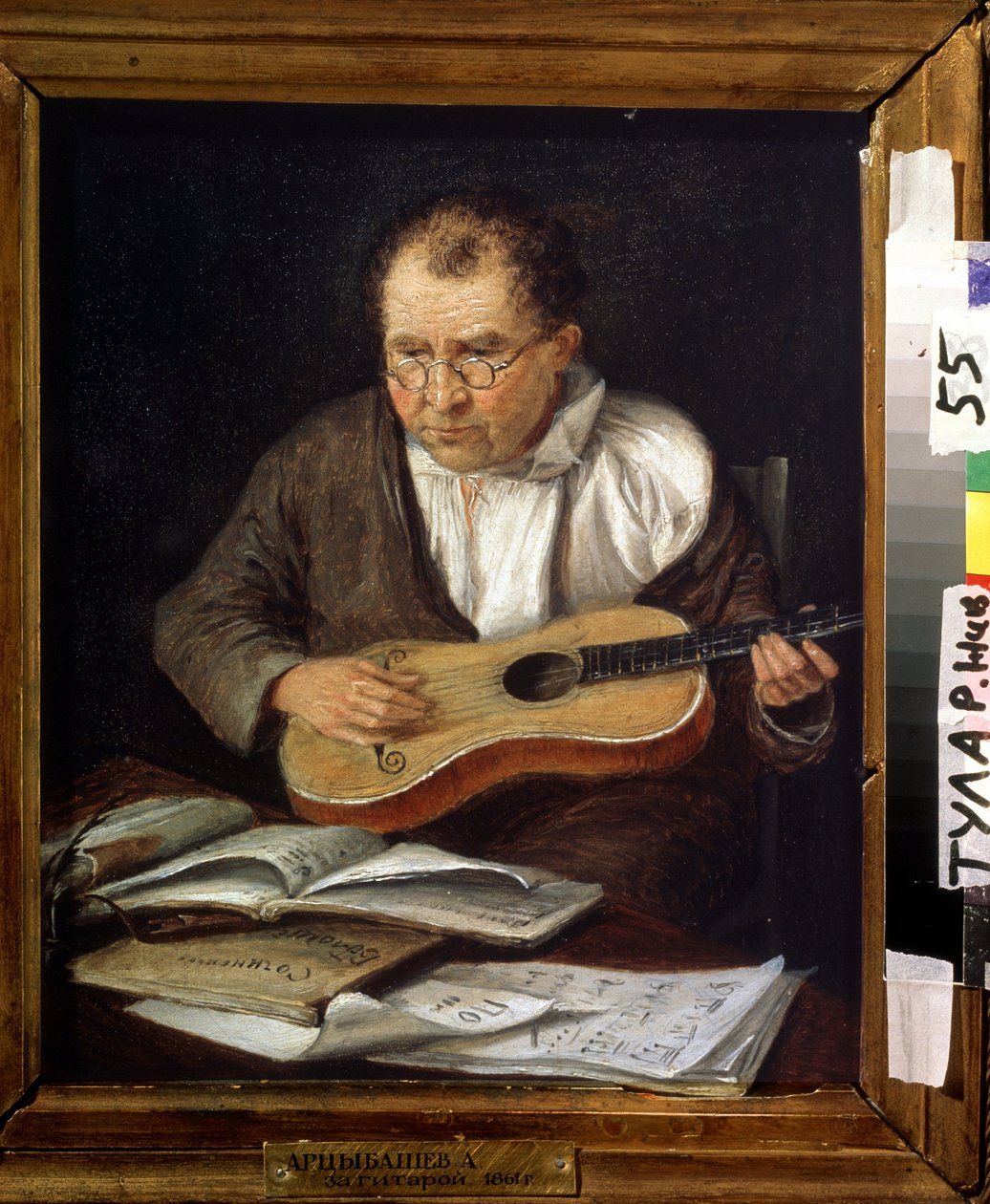 Kitaristi (Gitar Player). A. Artsybaševin maalaus (1800-luku). Öljy kankaalle, 30,5 x 26 cm tekijältä A. Artsybashev