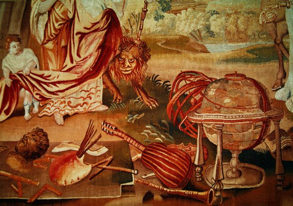 Eurooppa, kuvakudos maailman neljästä kulmasta, yksityiskohta soittimista oikeassa alakulmassa, 1700-luvun alku tekijältä A. Baertams