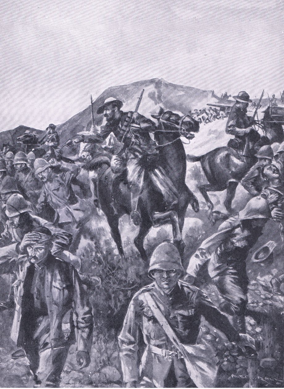 Brittivangit toimivat suojana, kun buurit poistivat laivastotykin, teoksesta After Pretoria: The Guerilla War, jonka on julkaissut Harmsworth Bros Limited, 1901. tekijältä A. C. Ball