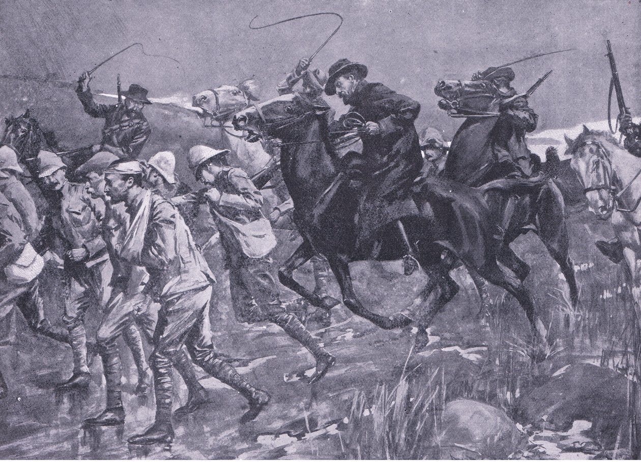 De Wetsin kohtelu brittiläisten sotavankien marssilla, kuvitus teoksesta Pretorian jälkeen: sissisota, 1902. tekijältä A. C. Ball