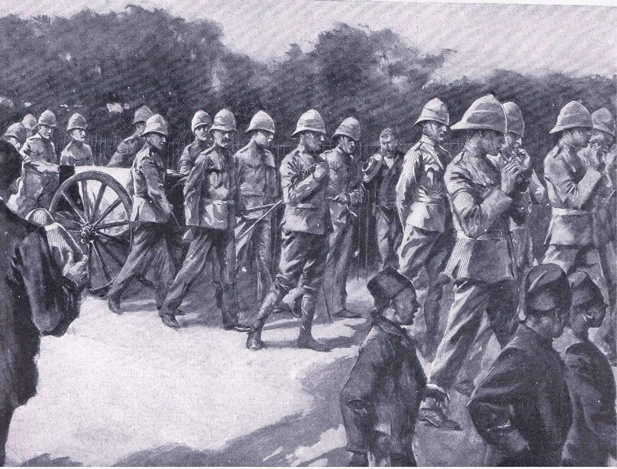 Buurivangin hautajaiset Simonstownissa sotilaallisin kunnianosoituksin, teoksesta After Pretoria: The Guerilla War, jonka on julkaissut Harmsworth Bros Limited, 1901. tekijältä A. C. Ball