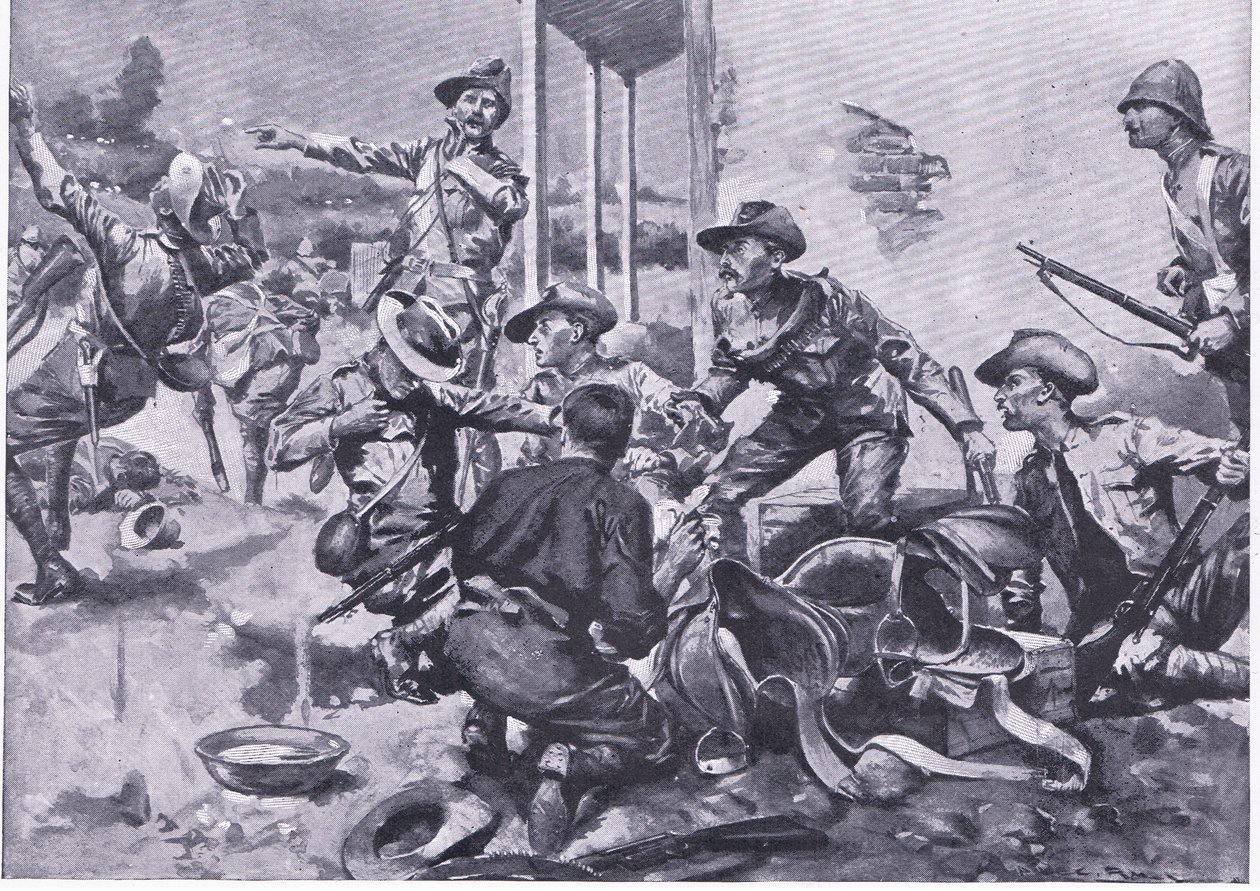 Hyökkäys Hamel Fonteinin maatilalle, teoksesta After Pretoria: The Guerilla War, jonka on julkaissut Harmsworth Bros Limited, 1901. tekijältä A. C. Ball