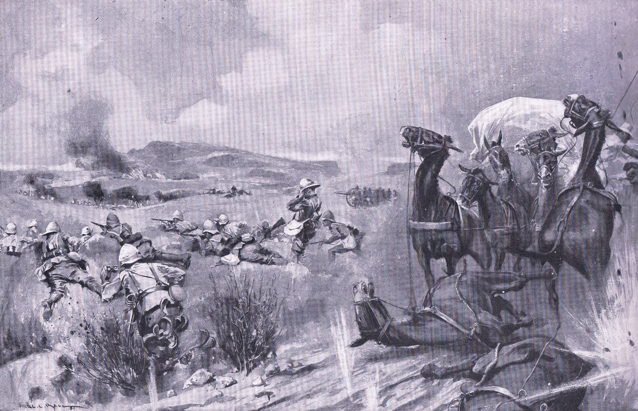 Hyökkäys saattuetta vastaan Buffelspoortissa, kuva Pretorian jälkeen: Sissisota, 1902 tekijältä A. C. Ball