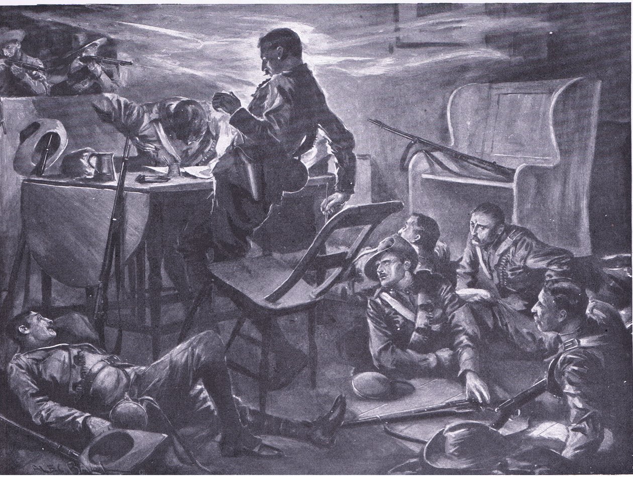 Kahden Comptonsin hevosen miehen tappaminen heidän kirjoittaessaan kirjeitä kotiin, kuvitus teoksesta Pretorian jälkeen: sissisota, 1902. tekijältä A. C. Ball