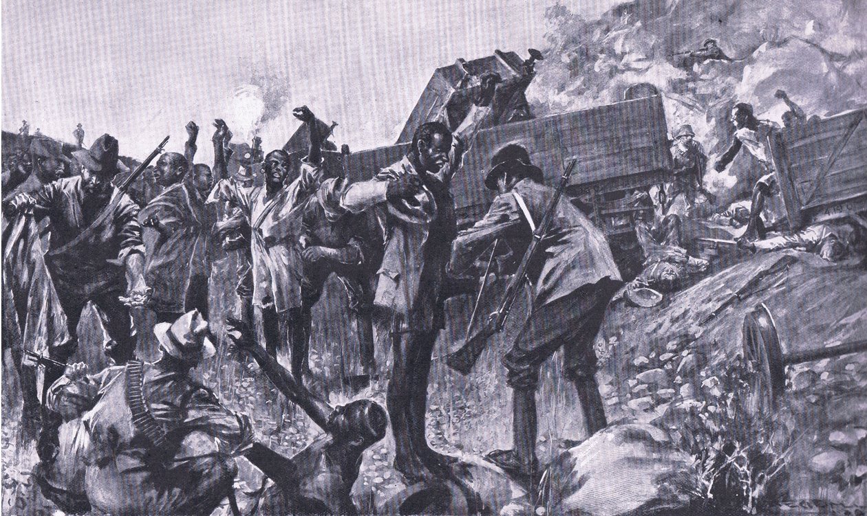 Junan romuttaminen Taaiboschin lähellä, teoksesta After Pretoria: The Guerilla War, jonka on julkaissut Harmsworth Bros Limited, 1901. tekijältä A. C. Ball