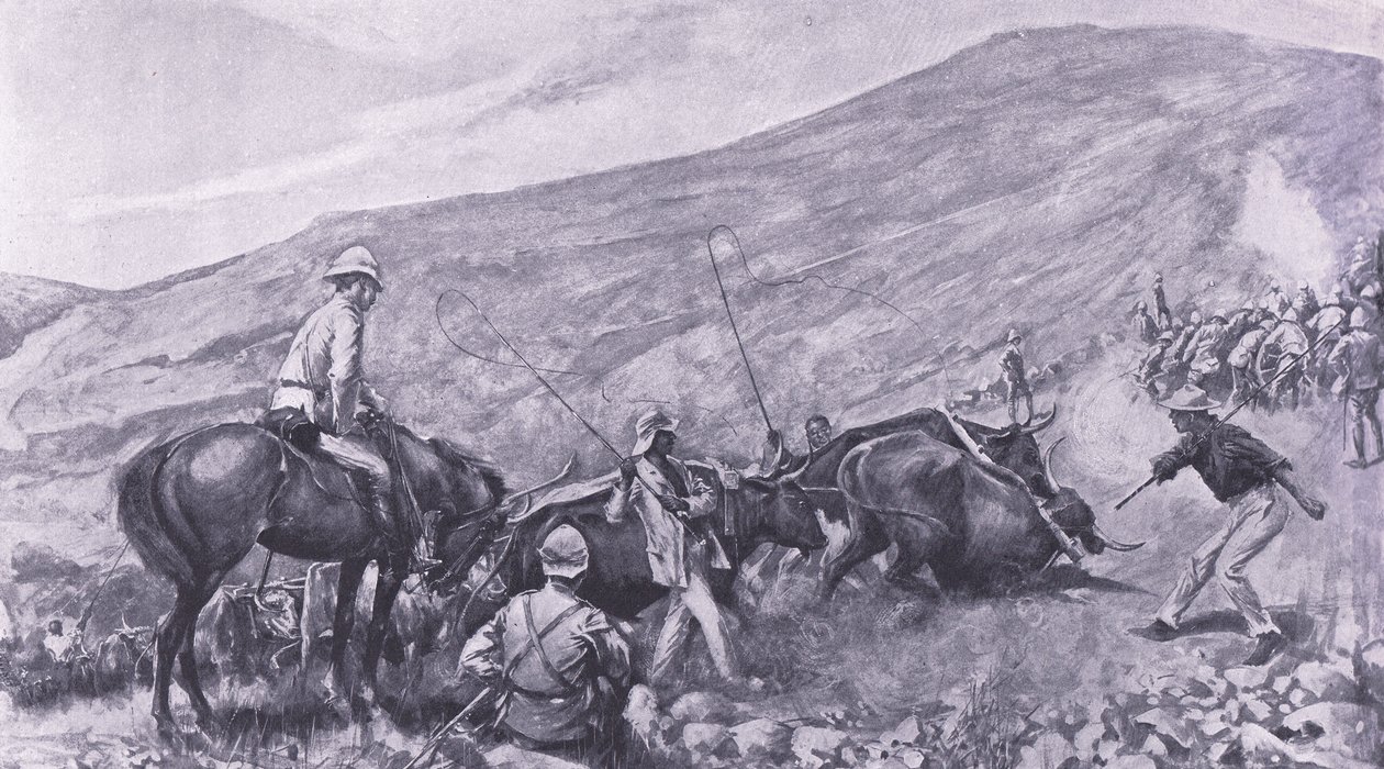 Kuljetusvaikeudet Barbertonissa: Kuinka aseet ja vaunut nousivat vuorille, kuva Pretorian jälkeen: Guerilla War, 1902 tekijältä A. C. Ball
