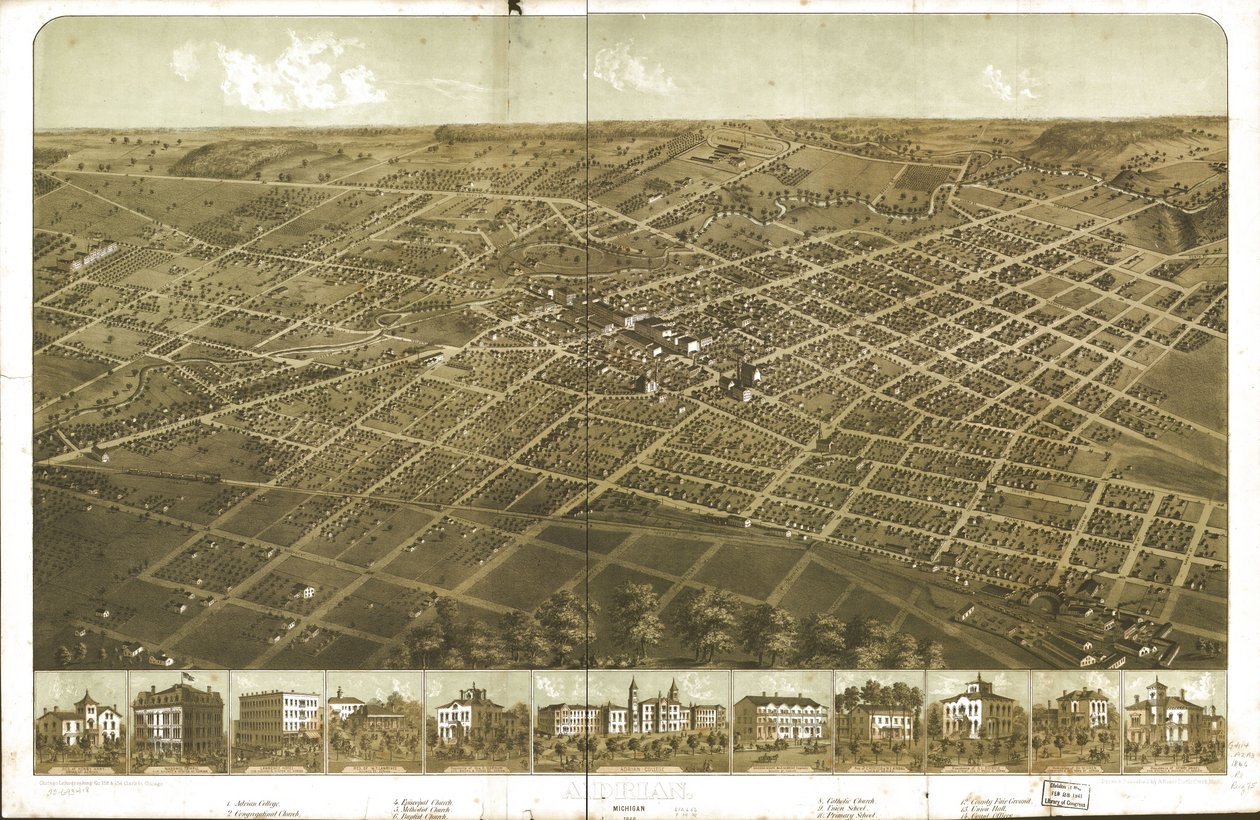Adrian, Michigan 1866. LOC 73693418 tekijältä A.; Chicago Lithographing Co. Ruger