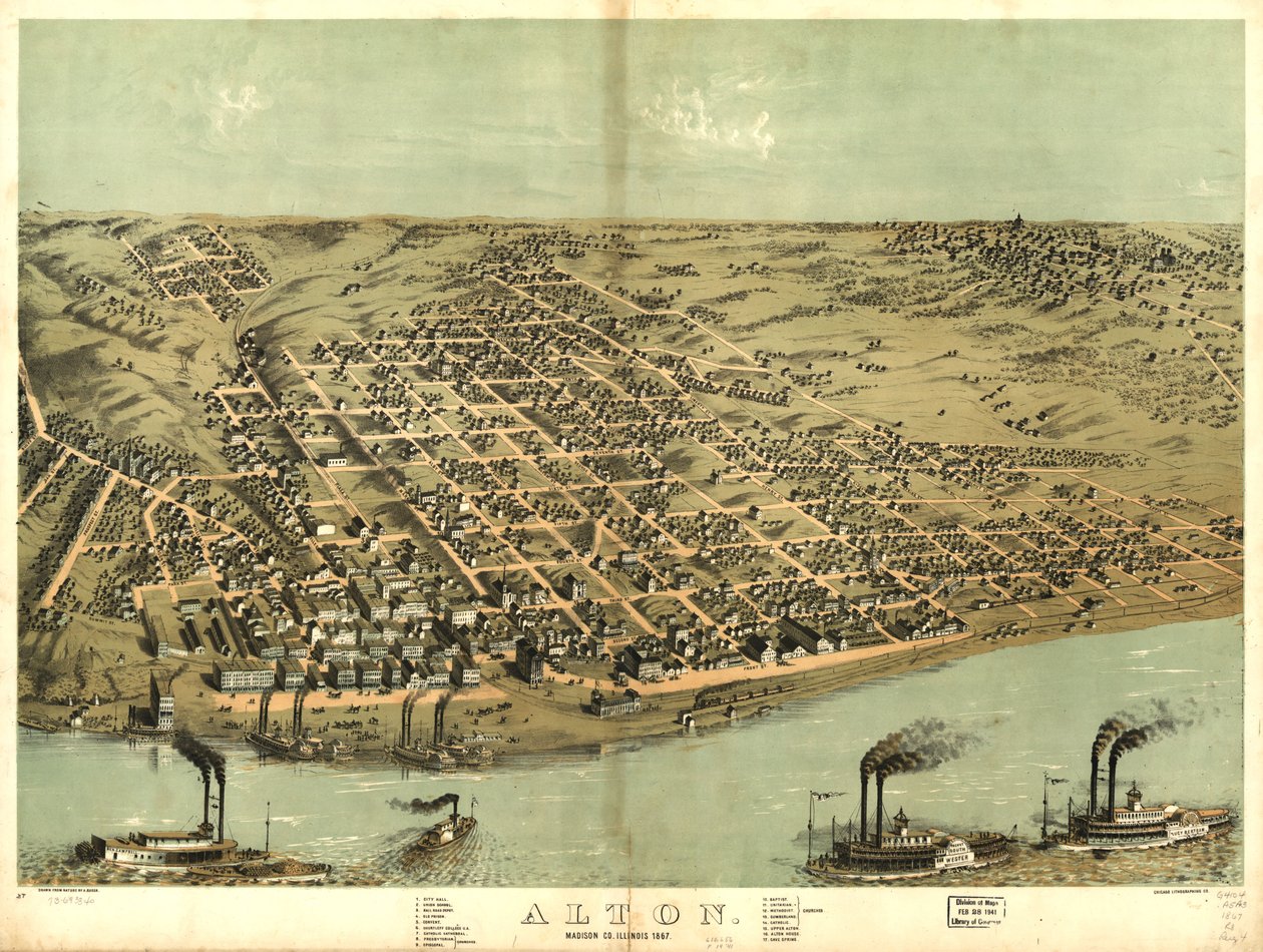 Alton, Madison Co., Illinois 1867. LOC 73693340 tekijältä A.; Chicago Lithographing Co. Ruger