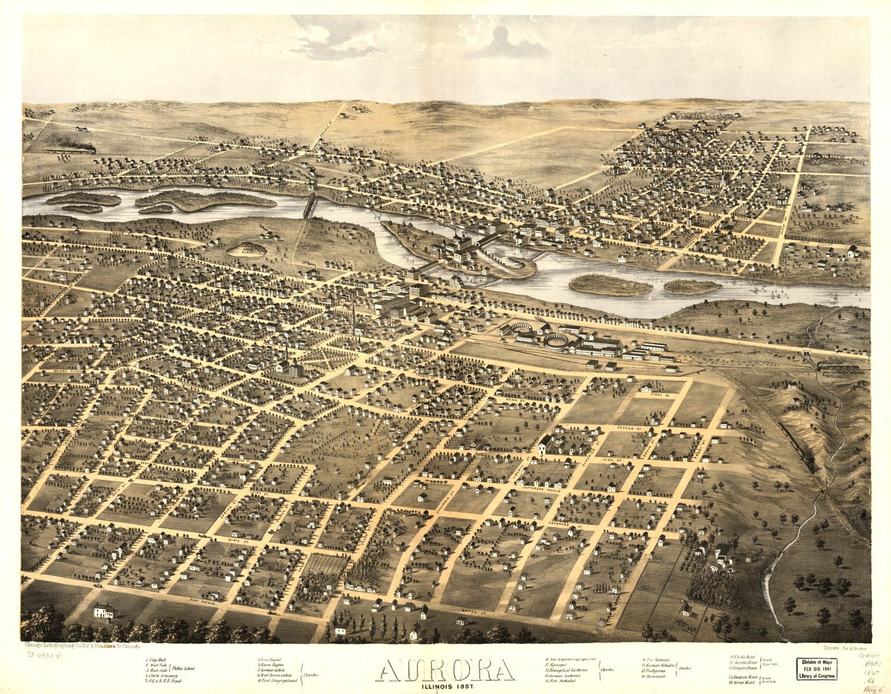 Aurora, Illinois 1867. LOC 73693341 tekijältä A.; Chicago Lithographing Co. Ruger