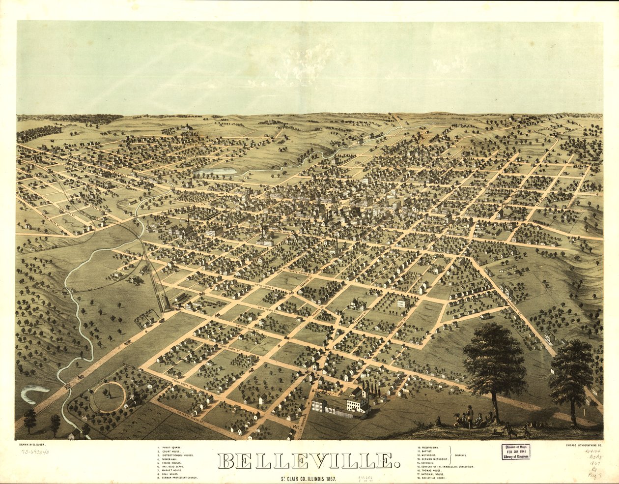 Belleville, St. Clair Co, Illinois 1867. LOC 73693343 tekijältä A.; Chicago Lithographing Co. Ruger