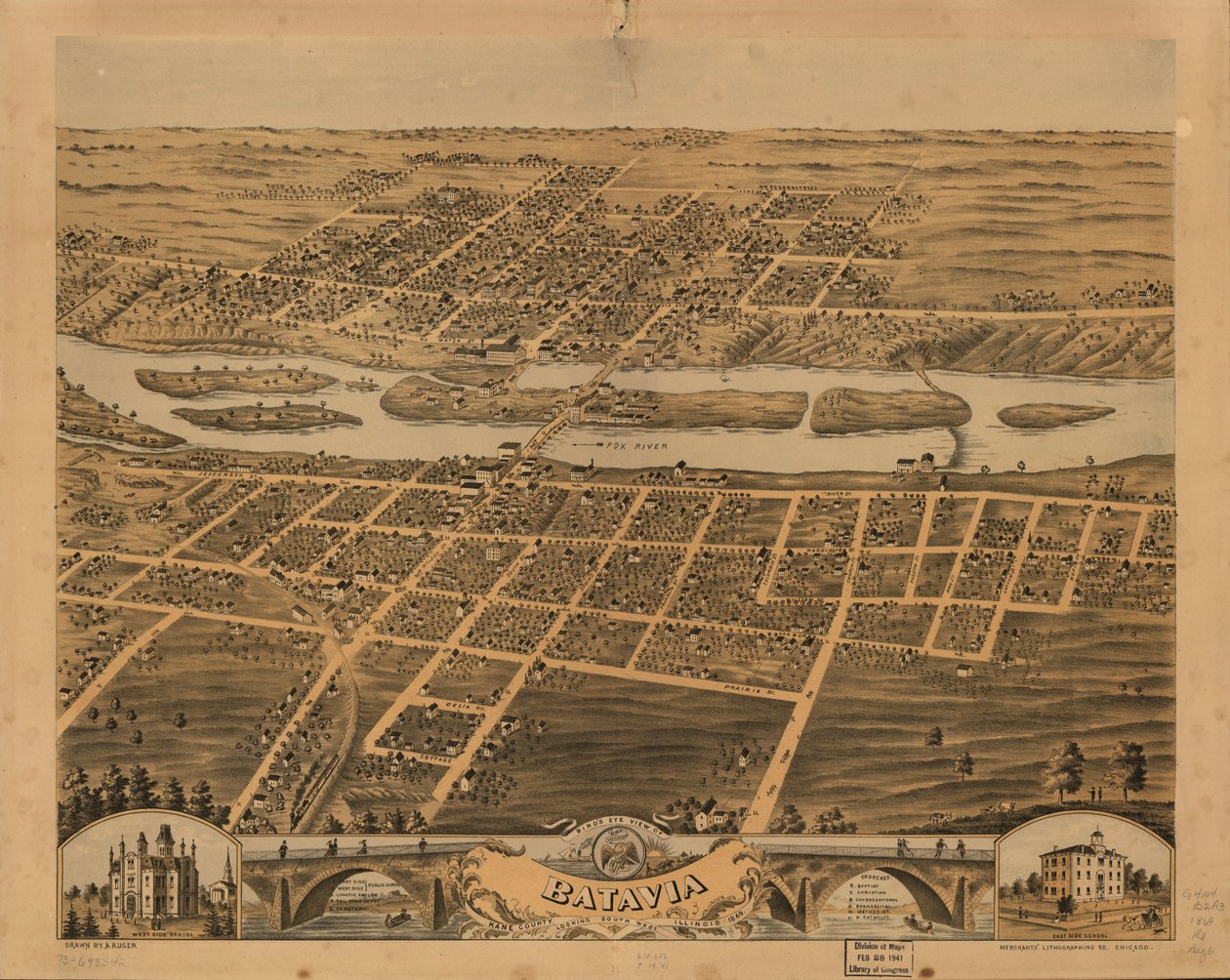 Batavia, Kane County, Illinois, lintuperspektiivistä, 1869. LOC 73693342 tekijältä A.; Chicago Lithographing Co. Ruger