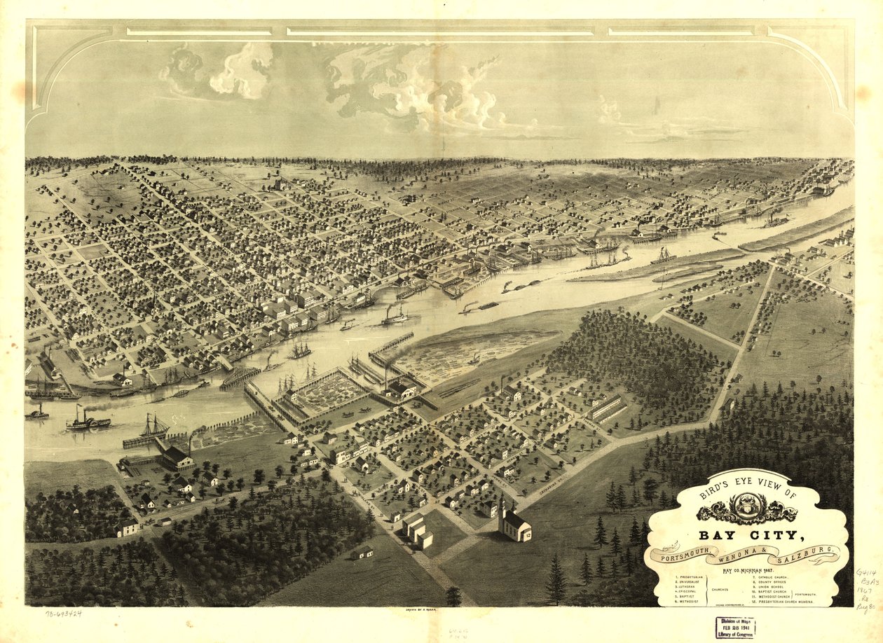 Bay Cityn, Portsmouthin, Wenonan ja Salzburgin, Bay Co., Michigan 1867, lintuperspektiivistä. LOC 73693424 tekijältä A.; Chicago Lithographing Co. Ruger