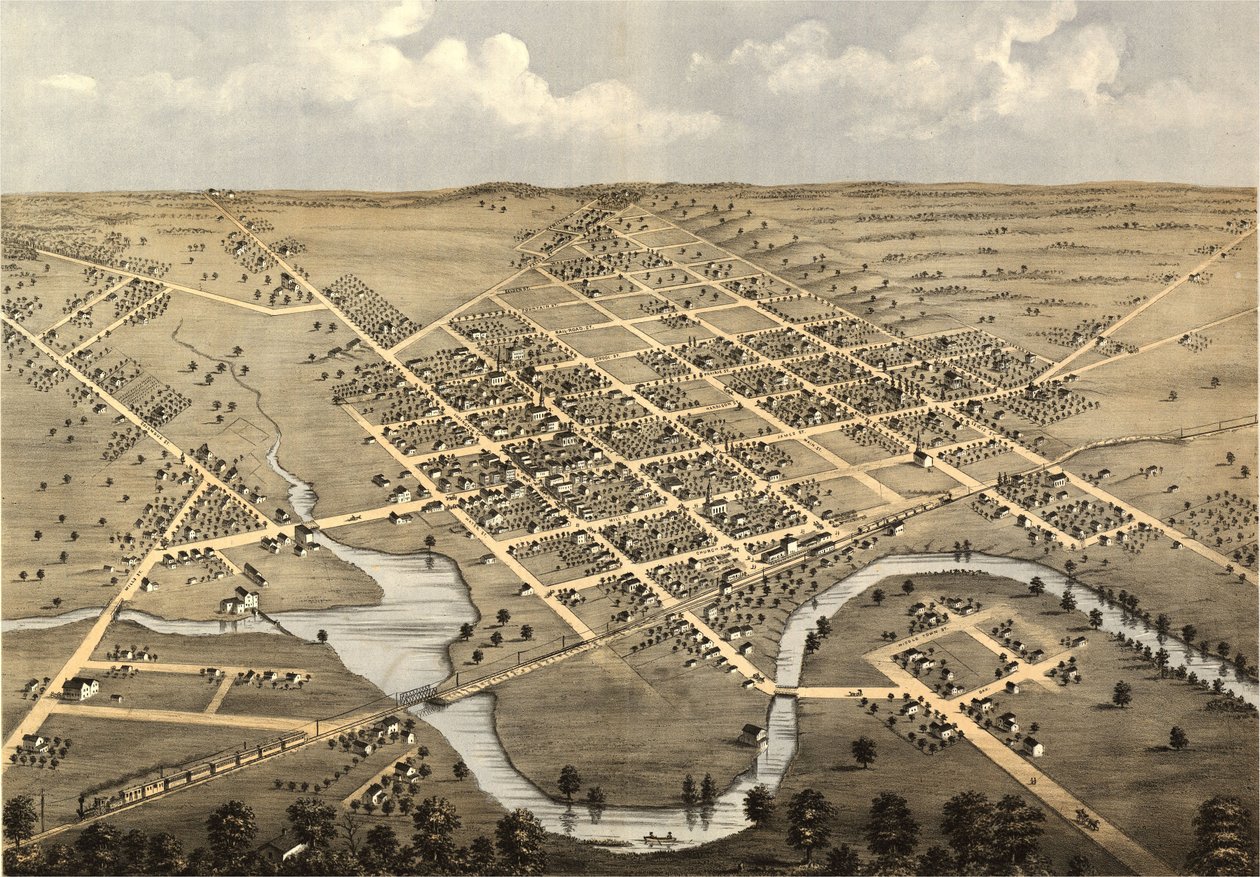 Columbus, Columbia Co., Wisconsin 1868 lintuperspektiivistä. LOC 73694538 tekijältä A.; Chicago Lithographing Co. Ruger