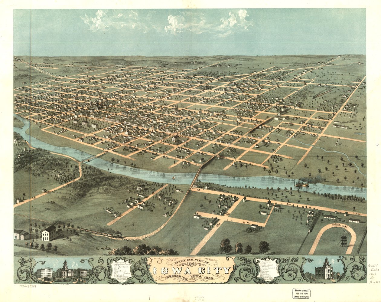 Iowa City, Johnson Co., Iowa 1868, lintuperspektiivistä. LOC 73693398 tekijältä A.; Chicago Lithographing Co. Ruger