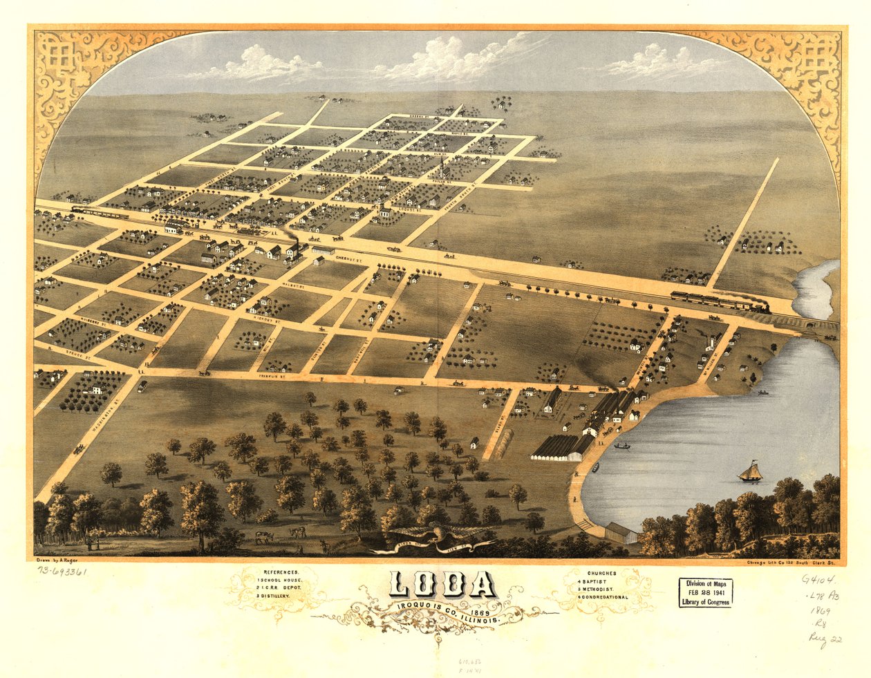 Loda, Iroquois Co., Illinois 1869 lintuperspektiivistä. LOC 73693361 tekijältä A.; Chicago Lithographing Co. Ruger