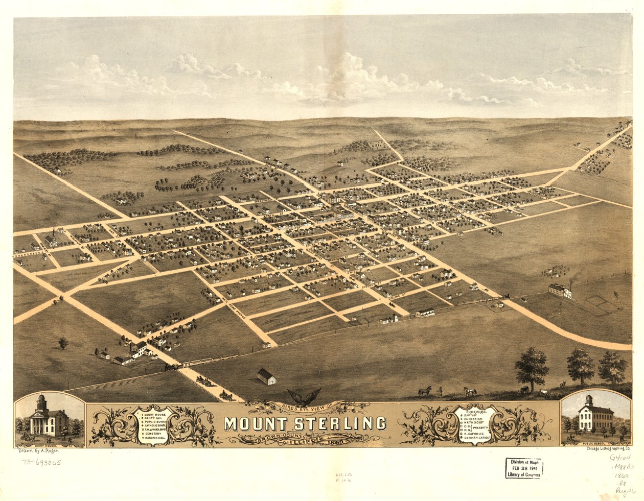 Mount Sterlingin lintuperspektiivi, Brownin piirikunta, Illinois 1869. LOC 73693365 tekijältä A.; Chicago Lithographing Co. Ruger